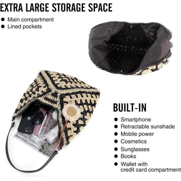 Women's Straw Beach Bag Summer Vintage Hobo Shoulder Tote Boho Hand Bag - Picture 5 of 6